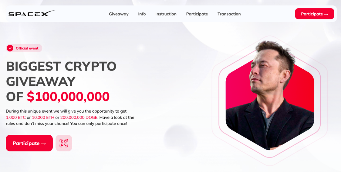 The header of a crypto scam page with Elon Musk's head