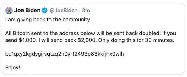A 2010 Tweet from a hacked Joe Biden account offering 2x Bitcoin returns